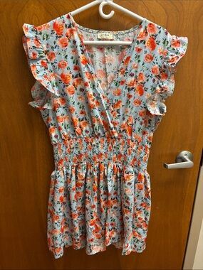 Umgee Light Blue Floral Smocked Waist Ruffle Dress